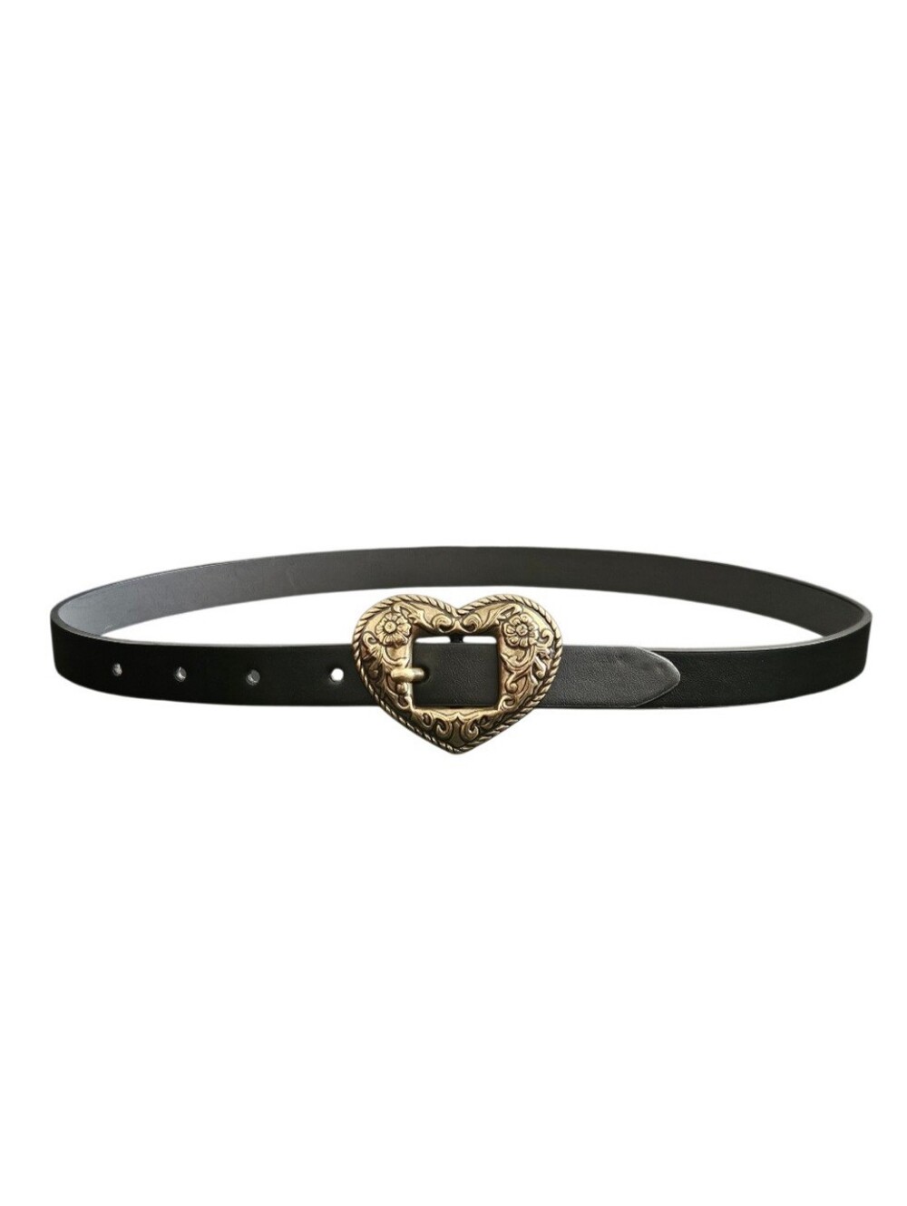Women's Black Faux Leather Brass-tone Ornate Heart Buckle Statement Belt Size M